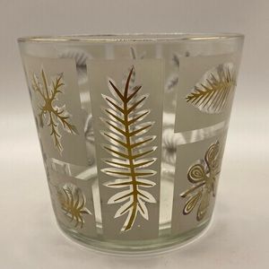 Vintage mid century glass ice bucket clear and frosted glass gold leaves.
